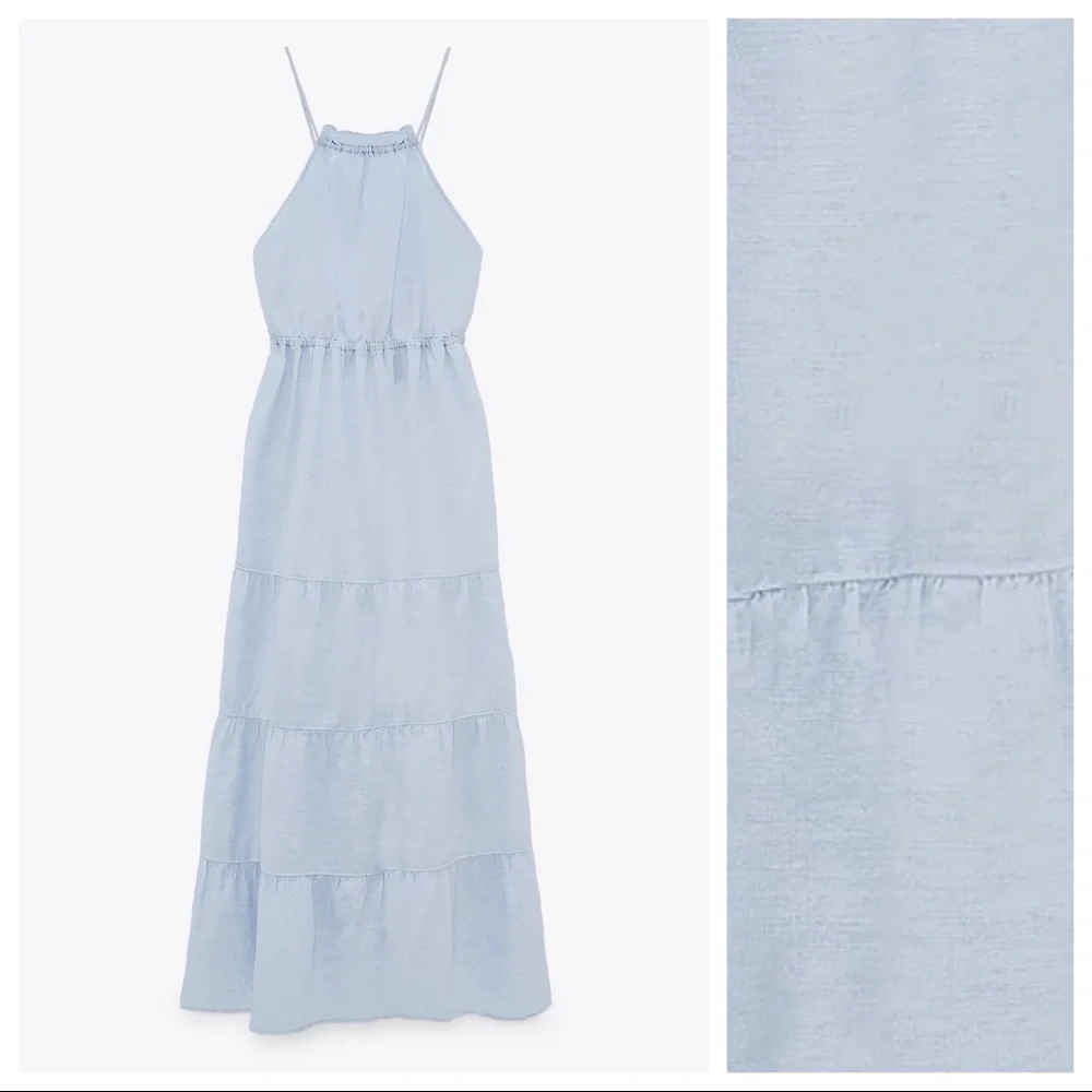 NWT. Zara Light Blue Linen Blend Midi Dress. Size L. - Picture 4 of 8